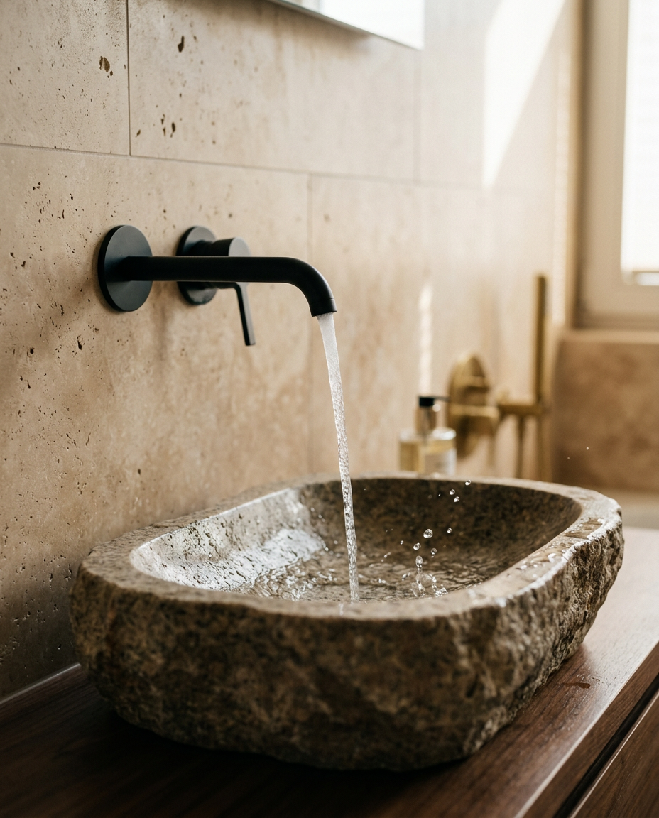 Edles Sanitär-Detail: Designer-Armatur über Naturstein-Waschbecken